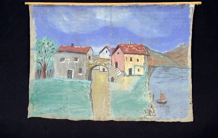 Paesaggio rurale (fondale) di Rampini, N. - ambito bergamasco/ bresciano (terzo quarto sec. XX)