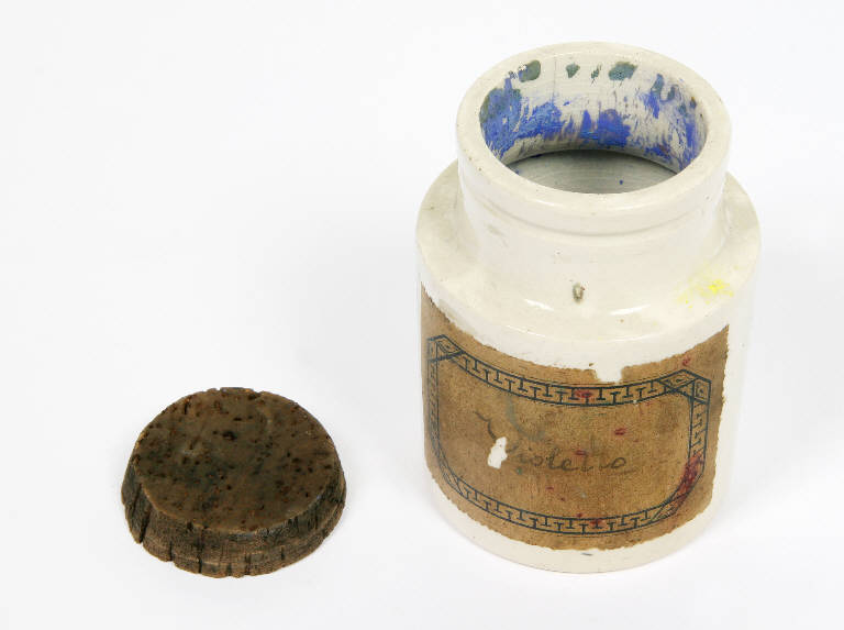 barattolo con pigmento in polvere - ambito emiliano (prima metà sec. XX)