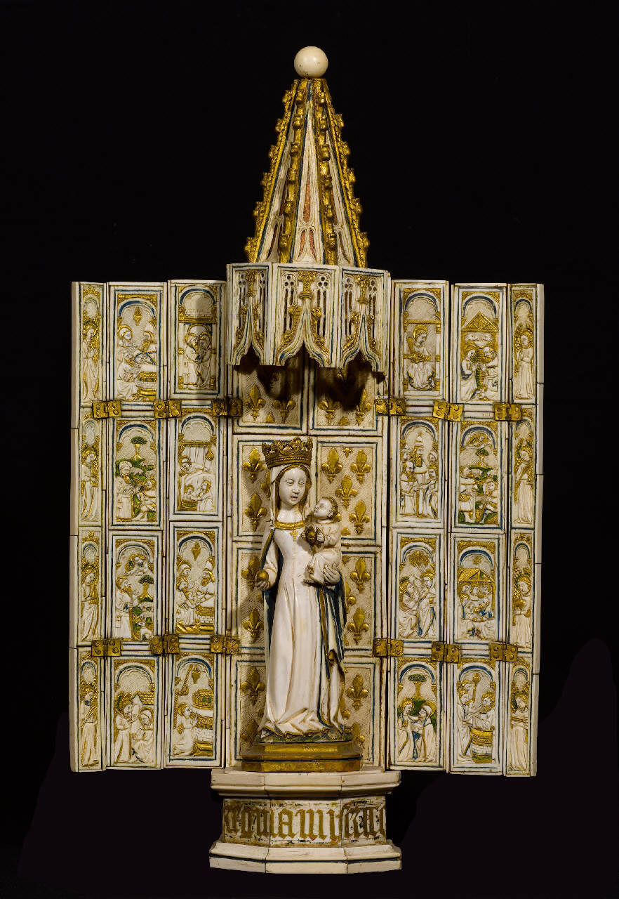 Tabernacolo con Vergine e Bambino, storie di Maria Vergine, storie dell'infanzia di Gesù, angeli musicanti (tabernacolo) - bottega fiamminga o francese (sec. XV)