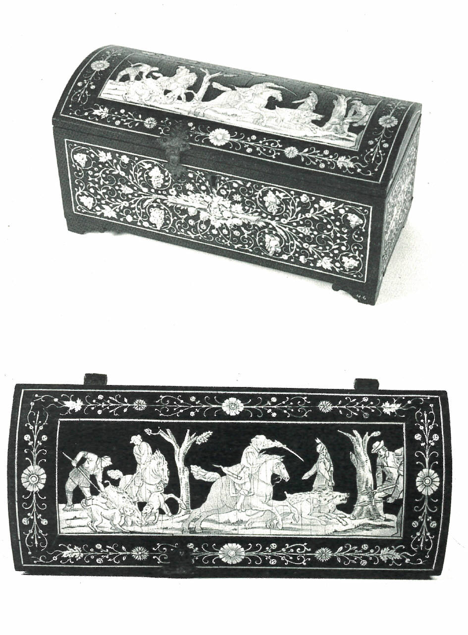 scena di caccia, decorazioni floreali (cofanetto) - bottega italiana (?) (sec. XIX)