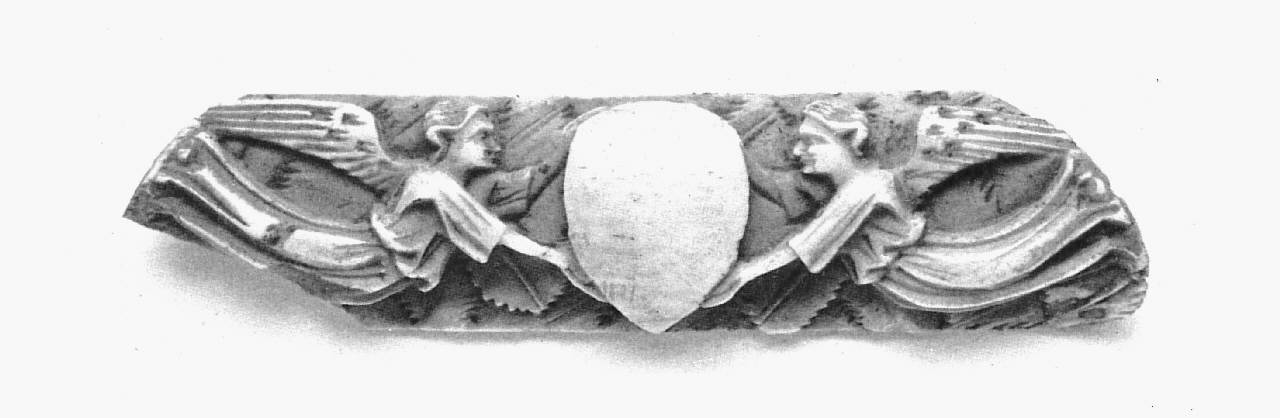 angeli o geni alati reggi stemma (placchetta di cofanetto) - bottega dell'Italia Settentrionale (sec. XV)