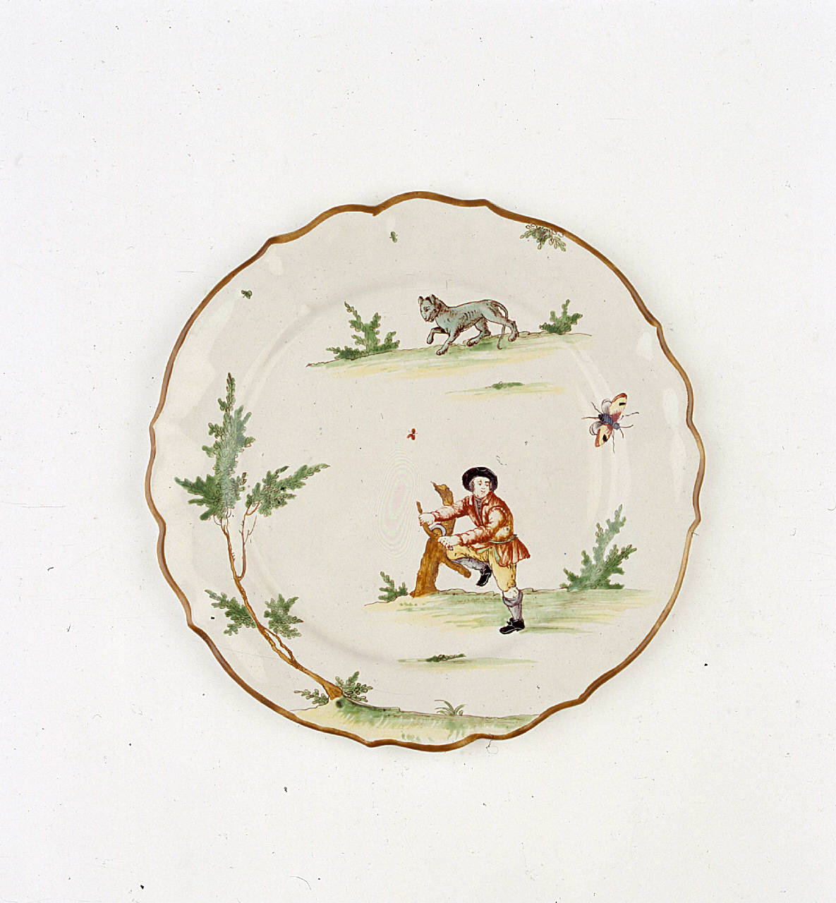 Figura maschile con legno, felino, farfalla, insetti e arbusto (piatto) di Manifattura Felice e Giuseppe Maria Clerici (sec. XVIII)