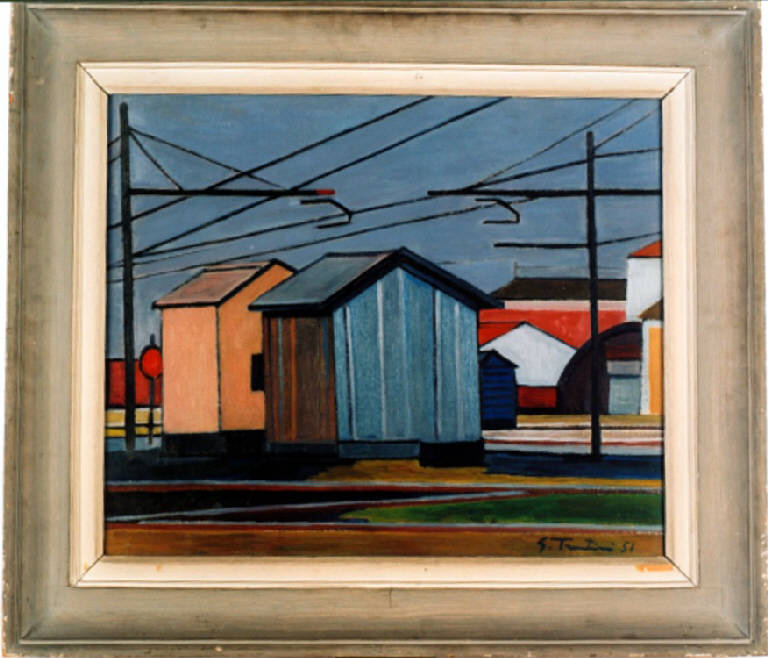 Caselli Ferroviari, Paesaggio con caselli ferroviari (dipinto) di Trentini Guido (metà sec. XX)