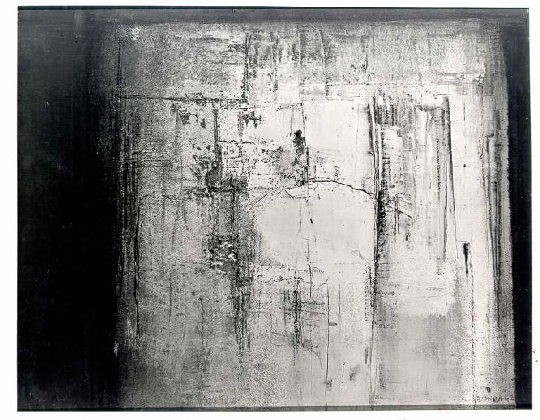 Frontale bianco, Composizione di materia e segni liberi (dipinto) di Bionda Mario (terzo quarto sec. XX)