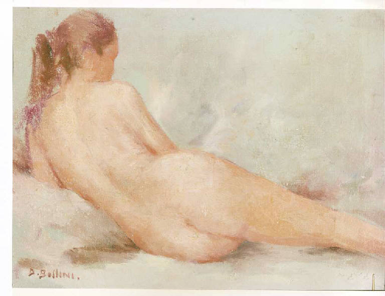 Nudo di schiena, Figura femminile nuda (dipinto) di Bollini Bernardo (terzo quarto sec. XX)