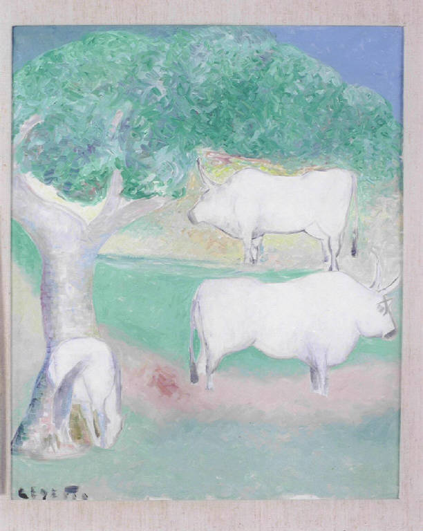 Buoi nel paesaggio, Paesaggio con buoi (dipinto) di Cesetti Antonio (sec. XX)