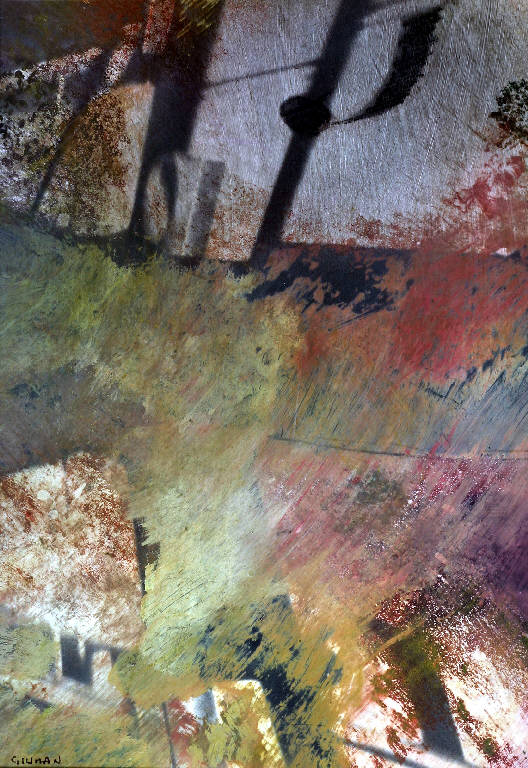 Musica, Lettere e segni musicali (dipinto) di Giuman Giuliano (terzo quarto sec. XX)