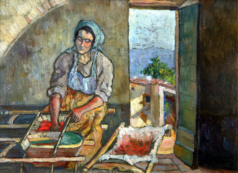 La strizzatura di pomodori, Figura femminile che strizza pomodori (dipinto) di Viaviani, Giuseppe (inizio sec. XX)