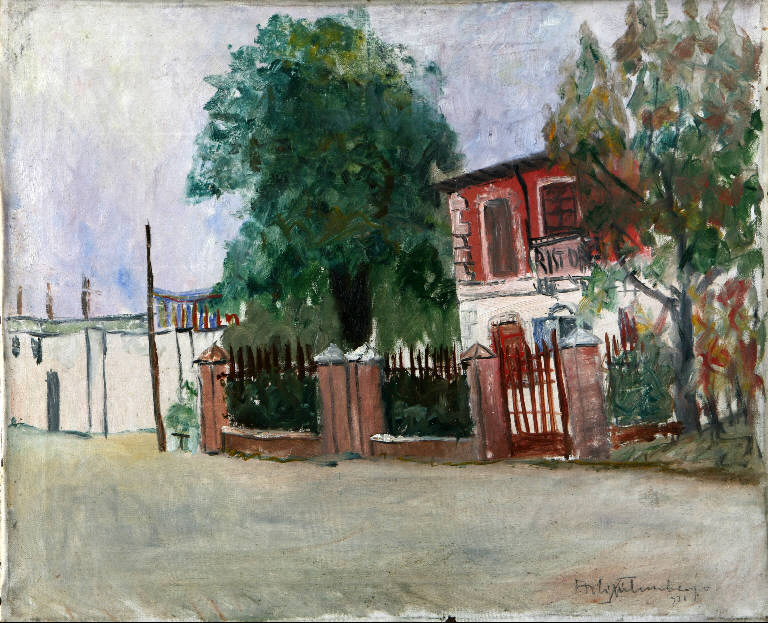 Paesaggio urbano, Paesaggio con ristorante, alberi e case (dipinto) di Spilinbergo, Adriano (prima metà sec. XX)