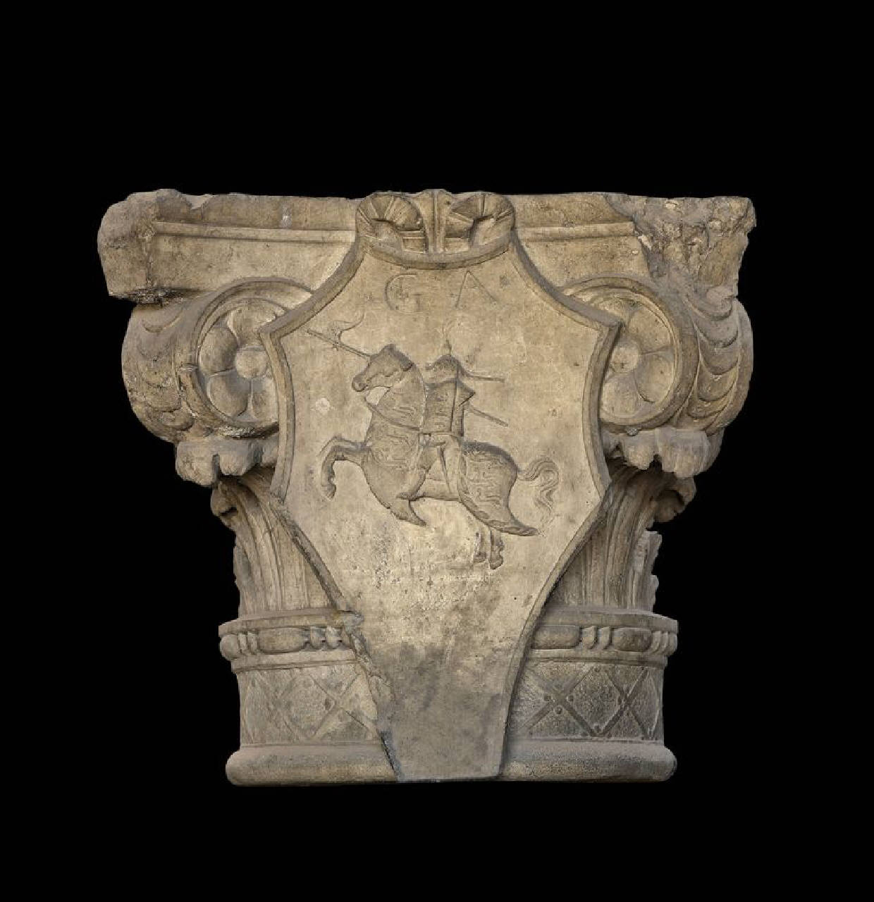 Capitello con stemmi e imprese di Gaspare Del Conte; fascia inferiore a losanghe (capitello) di Scultore - ambito lombardo (fine/ inizio sec. XV)