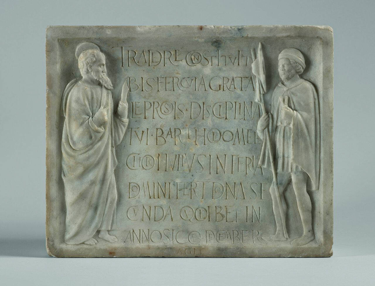 Iscrizione di Julius, miracolato dalla peste, tra i Santi Bartolomeo e Rocco (lastra, rilievo) di Scultore - ambito lombardo (prima metà sec. XVI)