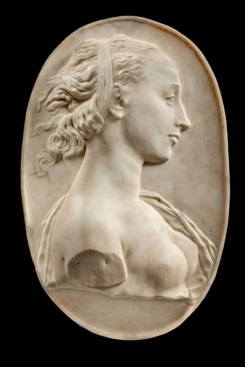 Busto femminile di profilo volto a destra (lastra ovale, altorilievo) di Falsario; Andrea di Michele di Francesco di Cione, detto il Verrocchio - ambito toscano (||ultimo quarto|| sec. XIX||sec. XV||sec. XV)