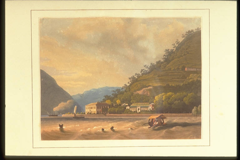 Veduta della villa Sanazara a Blevio sul Lago di Como, Lago, villa, barche (incisione) di Cherbuin Louis; Falkeisen Johann Jacob; Artaria Ferdinando (ca. 1840 - ca. 1840)