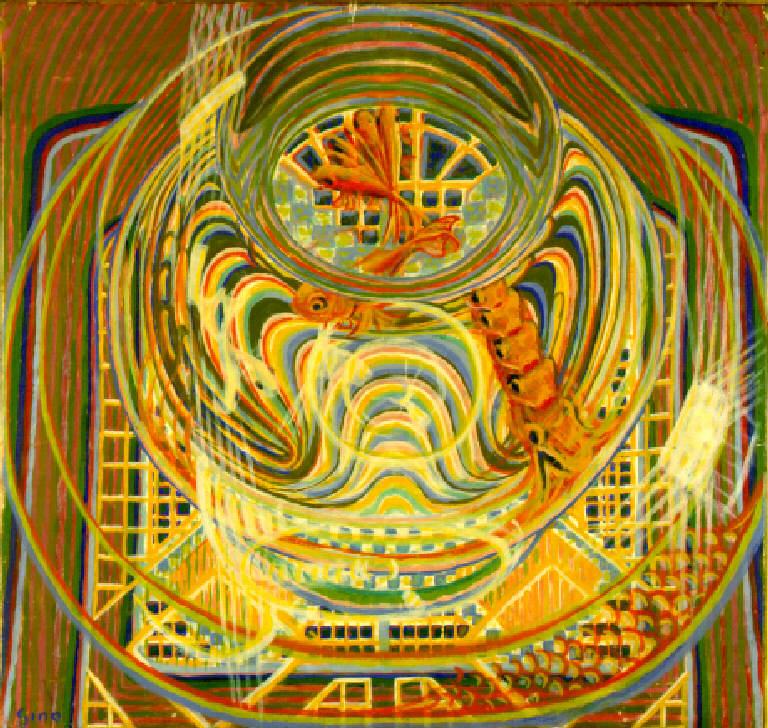 Acquario con pesci rossi (dipinto) di Galli Gino (primo quarto sec. XX)