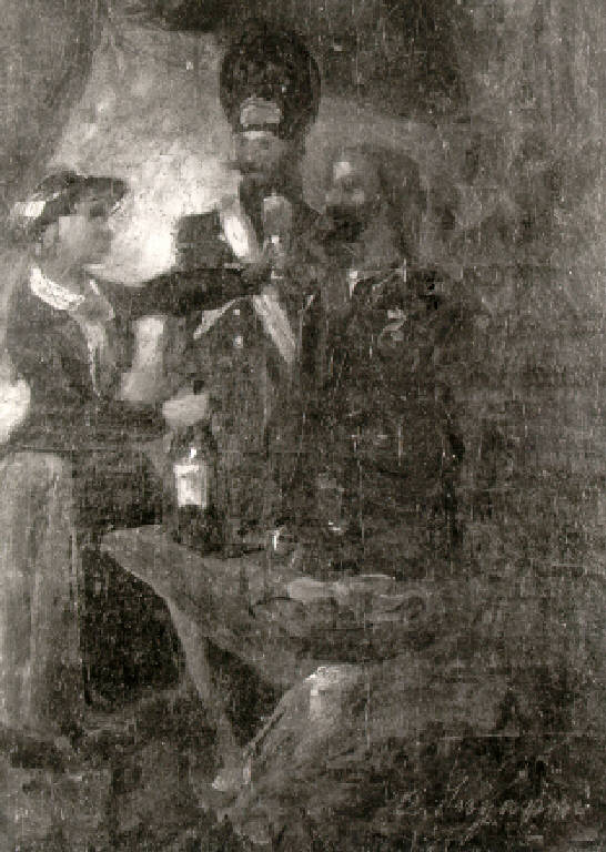 Figura femminile che offre da bere a due soldati (dipinto) di Inganni Angelo (cerchia) (seconda metà sec. XIX)