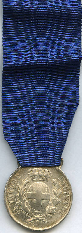 Medaglia d'argento al Valor Militare (Medagliere di Giovanni Scaglia), stemma reale sabaudo; corona d'alloro (decorazione militare) - produzione (sec. XIX)