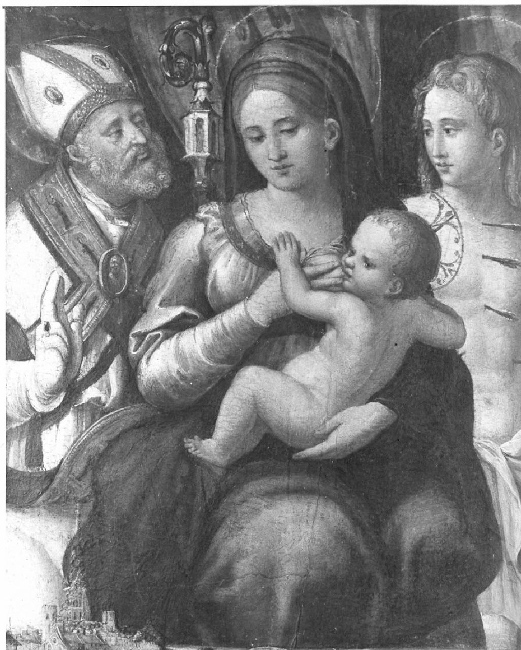 Madonna con Bambino tra S. Sebastiano e santo vescovo (dipinto) - ambito lombardo (sec. XVI)