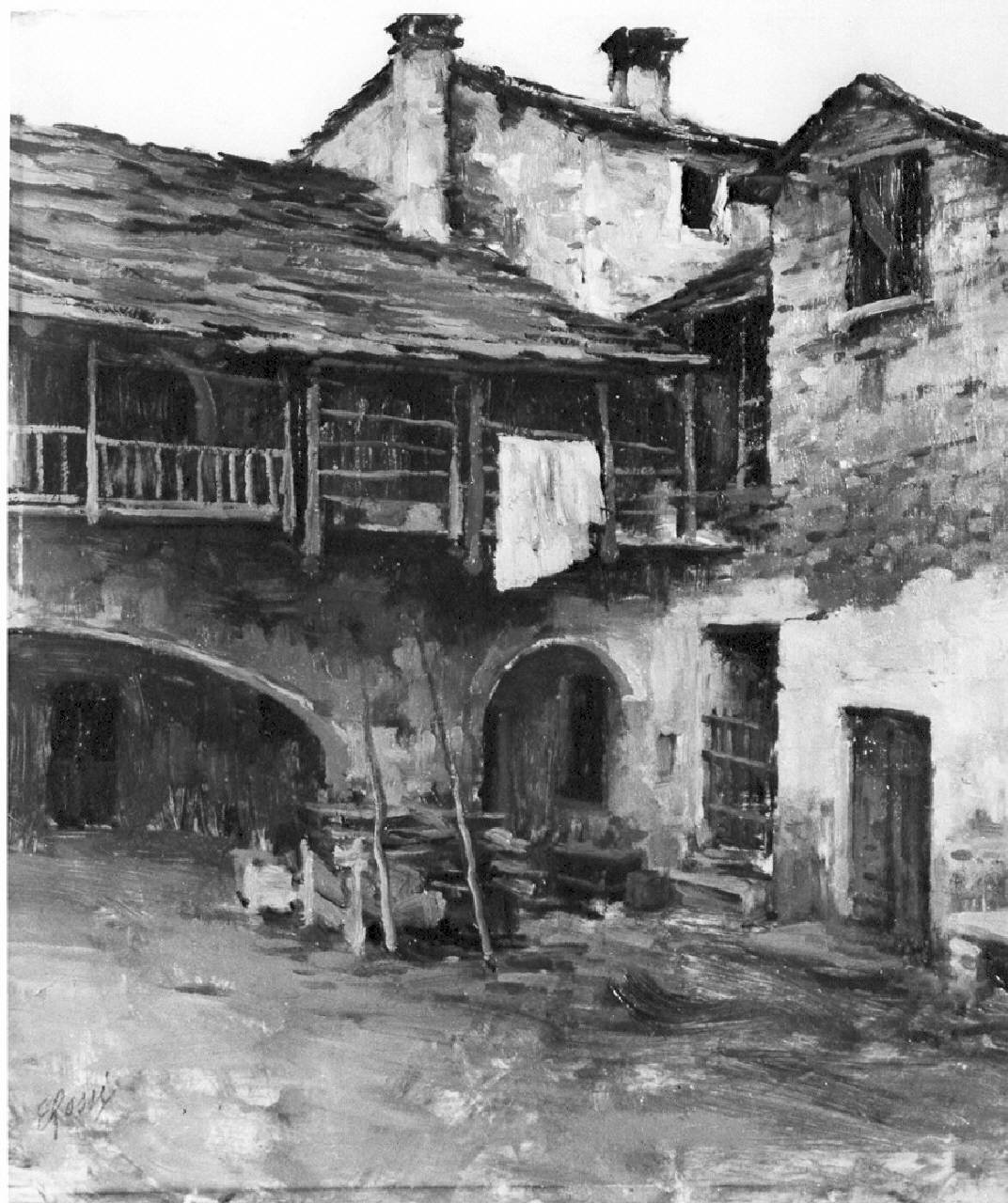 cortile di una casa in Via Alboino (dipinto) - ambito pavese (sec. XX)