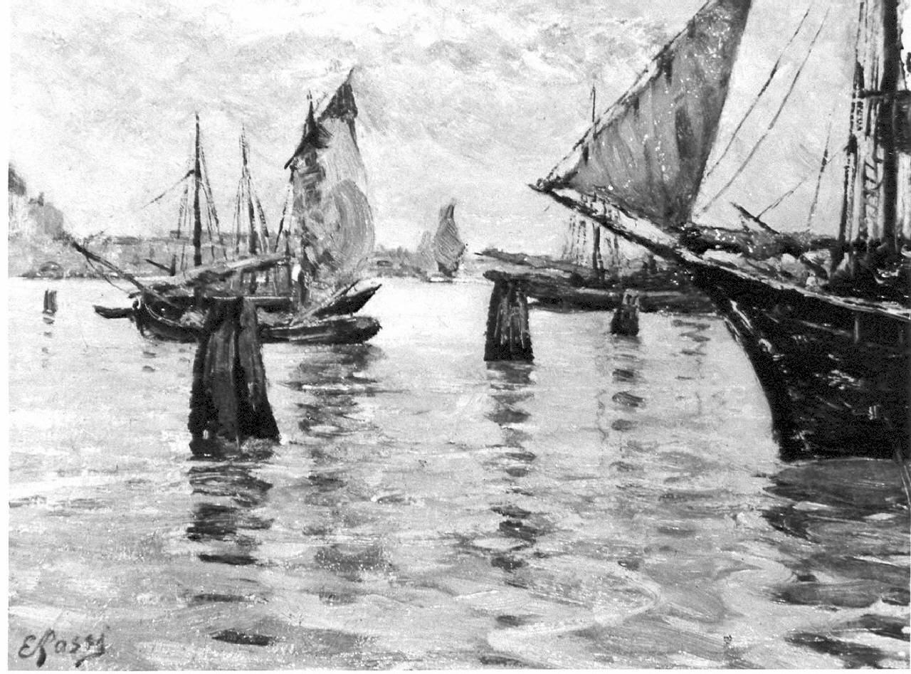 Marina con barche a vela (dipinto) - ambito pavese (sec. XX)