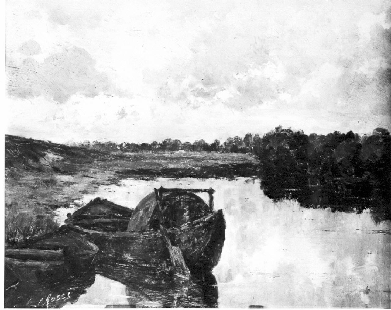 Paesaggio fluviale con barche (dipinto) - ambito pavese (sec. XX)