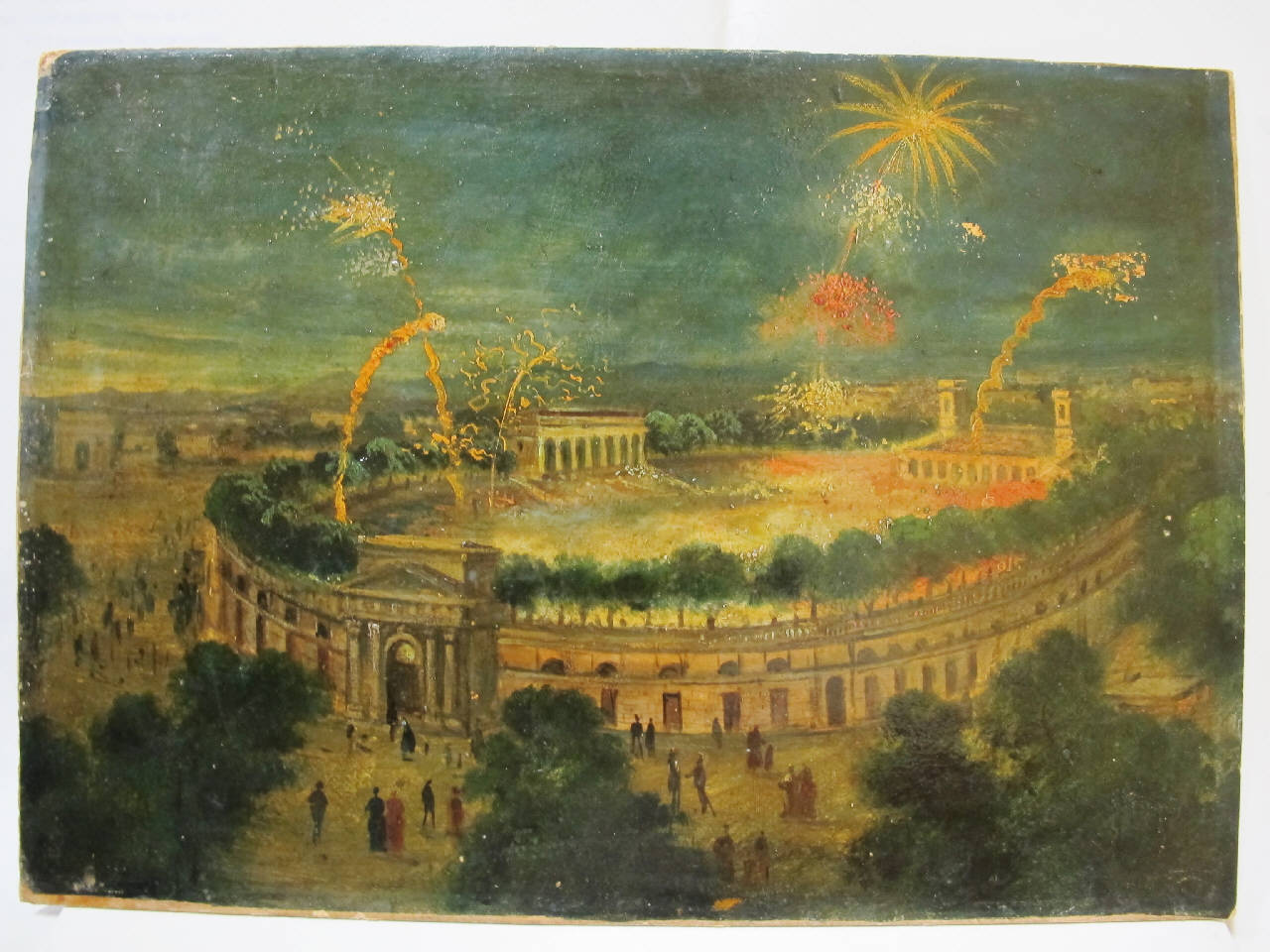 Arena di Milano con spettacolo di giochi artificiali, Arena di Milano con spettacolo di giochi artificiali (dipinto) di Chapon, Cesare (metà sec. XIX)