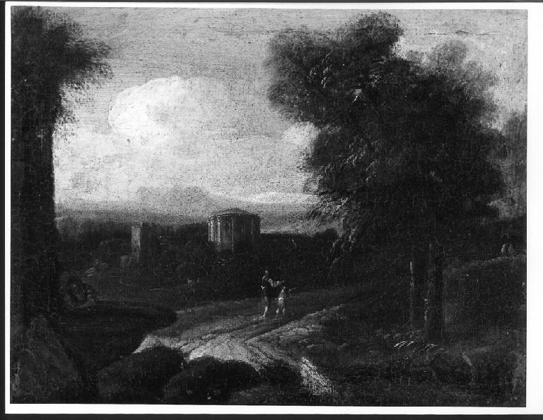 Paesaggio, PAESAGGIO CON TEMPIO DI VESTA E FIGURE (dipinto) - scuola italiana (sec. XVIII)