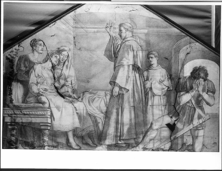 Miracolo di Santo francescano (S.Antonio?), MIRACOLO DI SANTO FRANCESCANO (SANT'ANTONIO?) (disegno) - scuola italiana (fine sec. XIX)