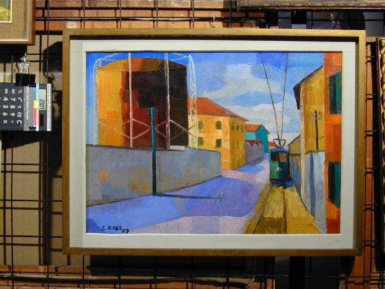 Gasometro - via Bergamo, Veduta: città (dipinto) di Zoso Sergio (sec. XX)