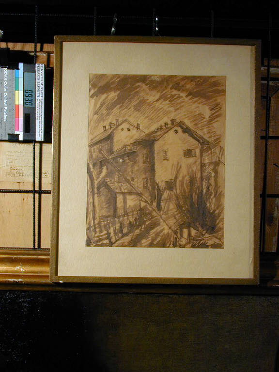 Passaggio a livello, Paesaggio con architetture (disegno) di Bajoni A. (sec. XX)