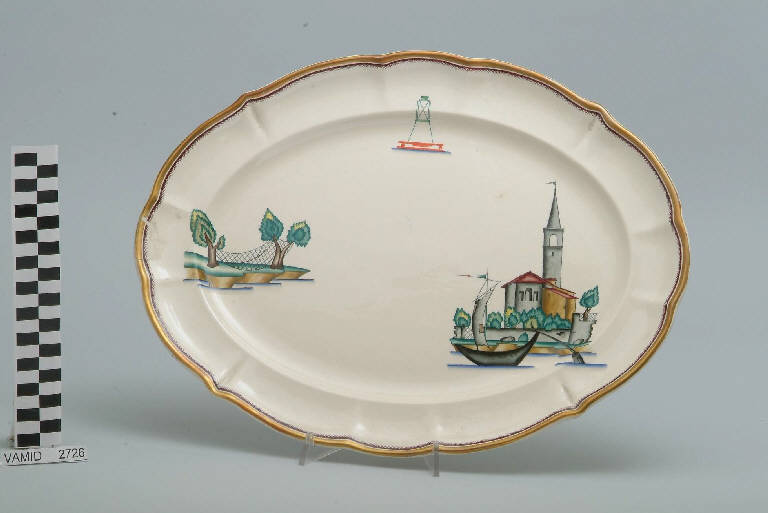 Veduta di una chiesa ed elementi caratteristici del Lago Maggiore (piatto da portata ovale) di Andlovitz Guido; Società Ceramica Italiana Laveno (sec. XX)