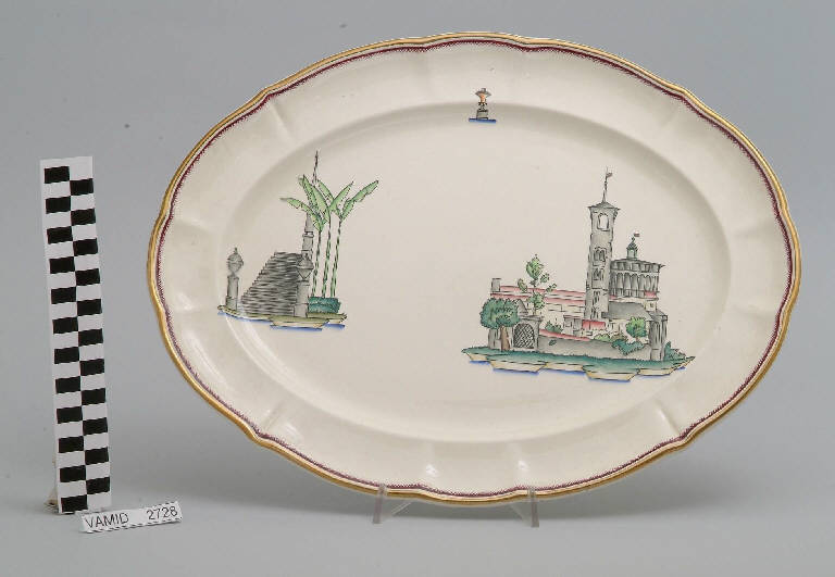 Veduta della chiesa della Madonna di Campagna a Verbania ed elementi caratteristici del Lago Maggiore (piatto da portata ovale) di Andlovitz Guido; Società Ceramica Italiana Laveno (sec. XX)