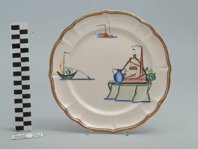 Veduta dello stabilimento Verbano della S. C. I. a Laveno ed elementi caratteristici del Lago Maggiore (piatto piano) di Andlovitz Guido; Società Ceramica Italiana Laveno (sec. XX)