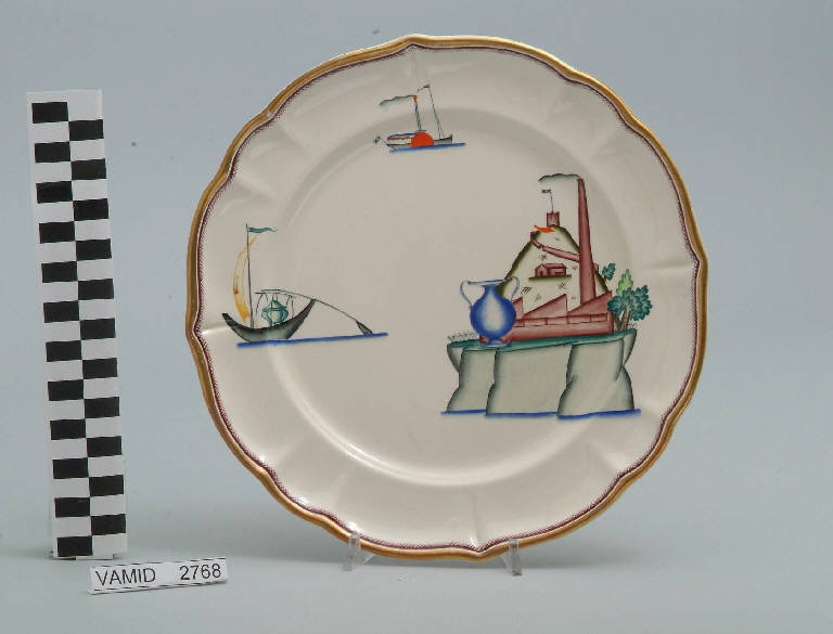 Veduta dello stabilimento Verbano della S. C. I. a Laveno ed elementi caratteristici del Lago Maggiore (piatto piano) di Andlovitz Guido; Società Ceramica Italiana Laveno (sec. XX)