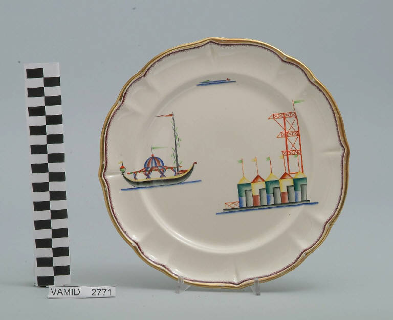 Veduta di uno stabilimento balneare ed elementi caratteristici del Lago Maggiore (piatto piano) di Andlovitz Guido; Società Ceramica Italiana Laveno (sec. XX)