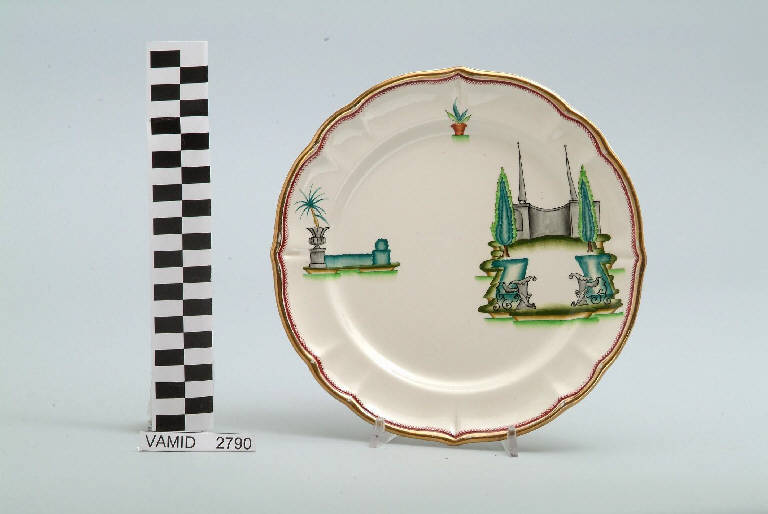 Veduta di un giardino all'italiana ed elementi caratteristici del Lago Maggiore (piatto da frutta) di Andlovitz Guido; Società Ceramica Italiana Laveno (sec. XX)