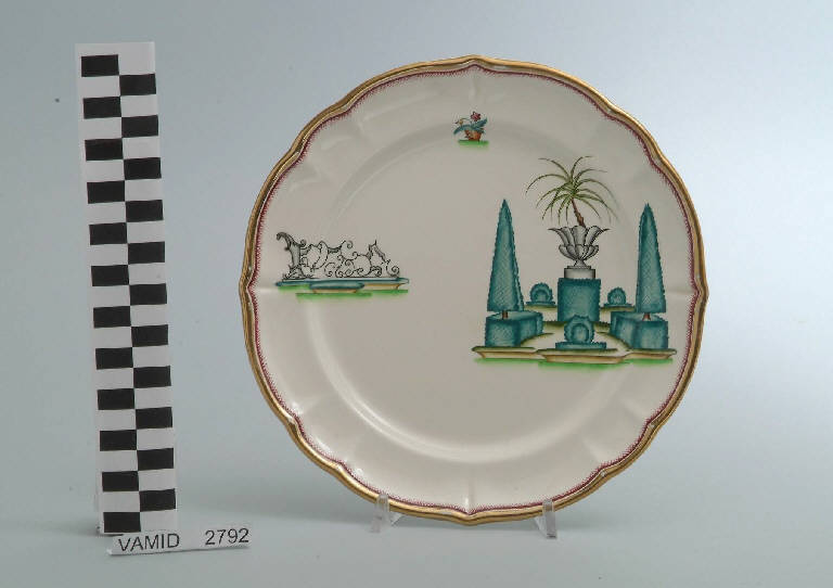 Veduta di un giardino all'italiana ed elementi caratteristici del Lago Maggiore (piatto da frutta) di Andlovitz Guido; Società Ceramica Italiana Laveno (sec. XX)