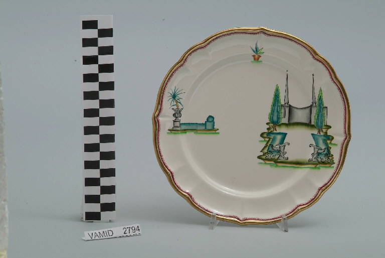 Veduta di un giardino all'italiana ed elementi caratteristici del Lago Maggiore (piatto da frutta) di Andlovitz Guido; Società Ceramica Italiana Laveno (sec. XX)