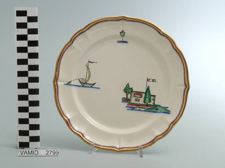 Veduta di un fortino ed elementi caratteristici del Lago Maggiore (piatto da frutta) di Andlovitz Guido; Società Ceramica Italiana Laveno (sec. XX)