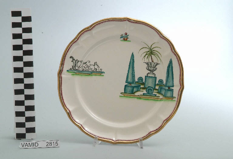 Veduta di un giardino all'italiana ed elementi caratteristici del Lago Maggiore (piatto da frutta) di Andlovitz Guido; Società Ceramica Italiana Laveno (sec. XX)