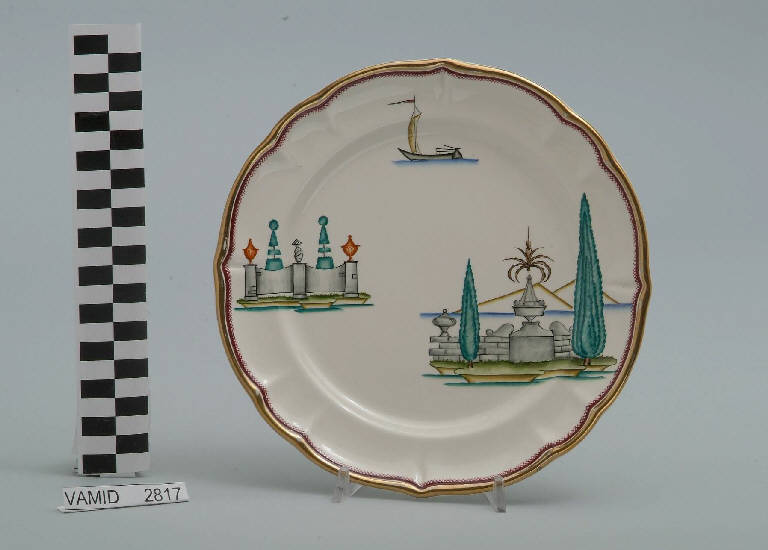 Veduta di un giardino all'italiana ed elementi caratteristici del Lago Maggiore (piatto da frutta) di Andlovitz Guido; Società Ceramica Italiana Laveno (sec. XX)