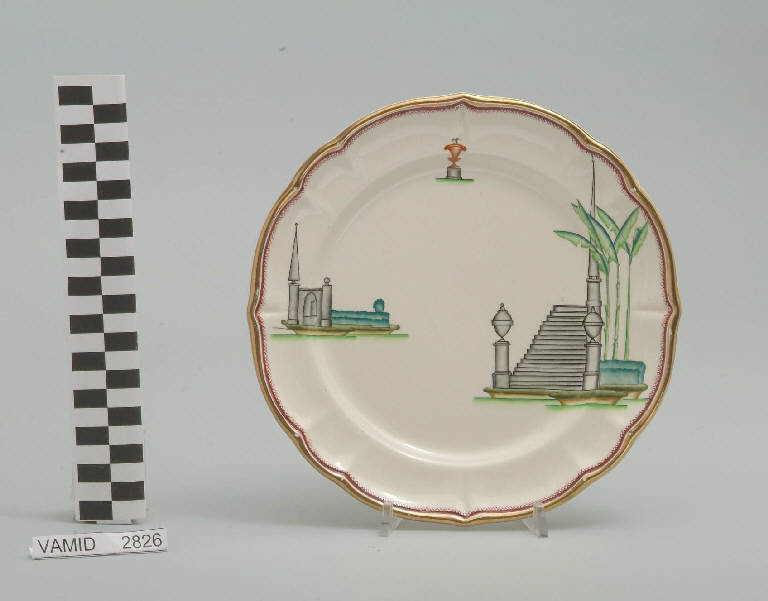 Veduta di un approdo con palme ed elementi caratteristici del Lago Maggiore (piatto da frutta) di Andlovitz Guido; Società Ceramica Italiana Laveno (sec. XX)