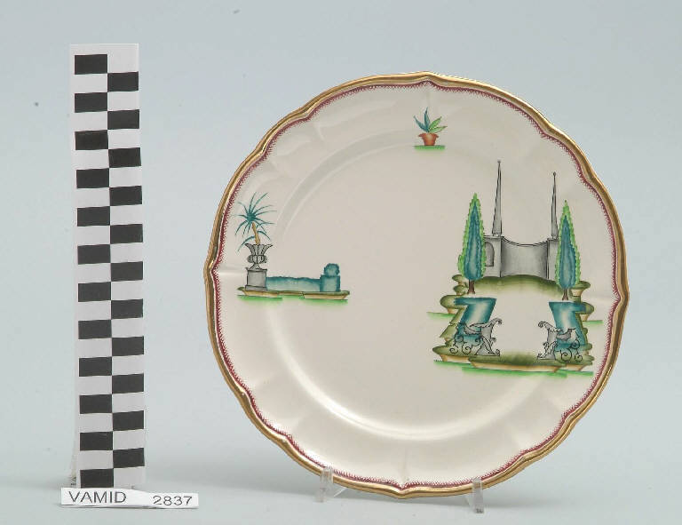 Veduta di un giardino all'italiana ed elementi caratteristici del Lago Maggiore (piatto da frutta) di Andlovitz Guido; Società Ceramica Italiana Laveno (sec. XX)