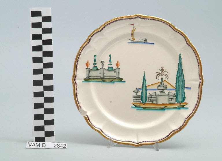 Veduta di un giardino all'italiana ed elementi caratteristici del Lago Maggiore (piatto da frutta) di Andlovitz Guido; Società Ceramica Italiana Laveno (sec. XX)