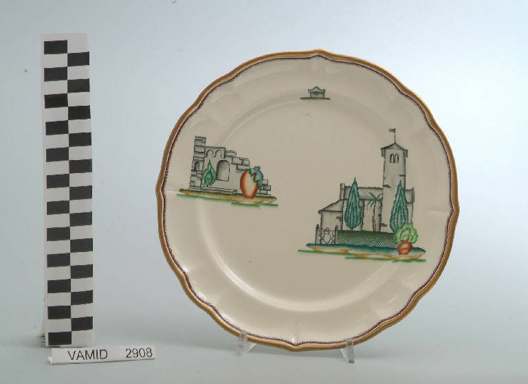 Veduta di una chiesa con campanile e cipressi ed elementi caratteristici del Lago Maggiore (piatto da frutta) di Andlovitz Guido; Società Ceramica Italiana Laveno (sec. XX)