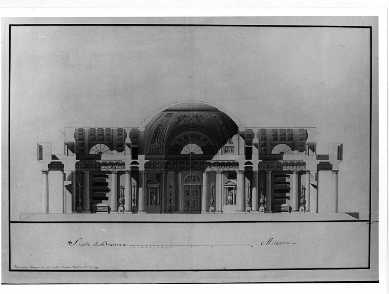 Progetto di un edificio, architettura: edificio (sezione) (disegno) di Sanquirico, Alessandro (sec. XVIII)