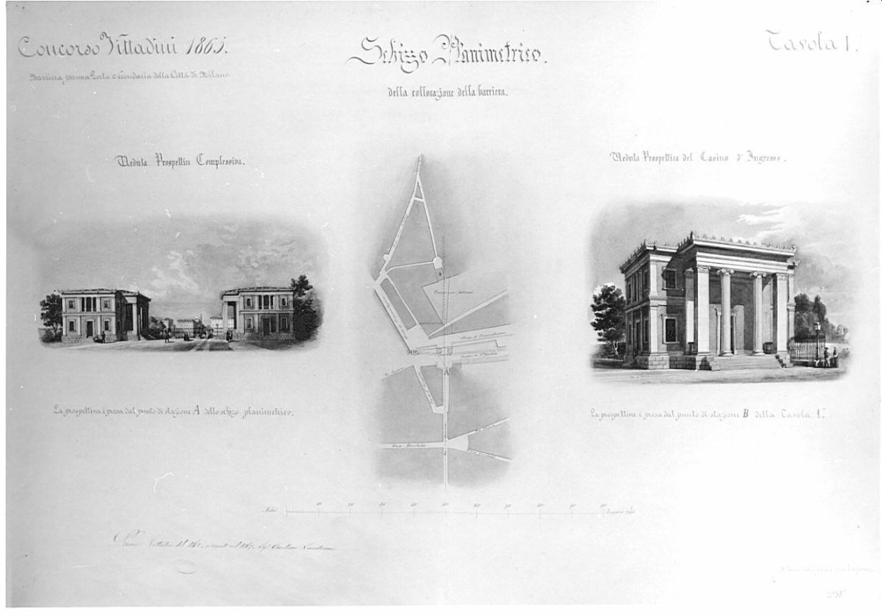 Progetto per edificio per decorare la barriera daziale di Milano a P.ta Vittoria, architettura: barriera daziaria a Milano (vedute prospettiche e planimetria) (disegno) di Landriani, Gaetano (sec. XIX)