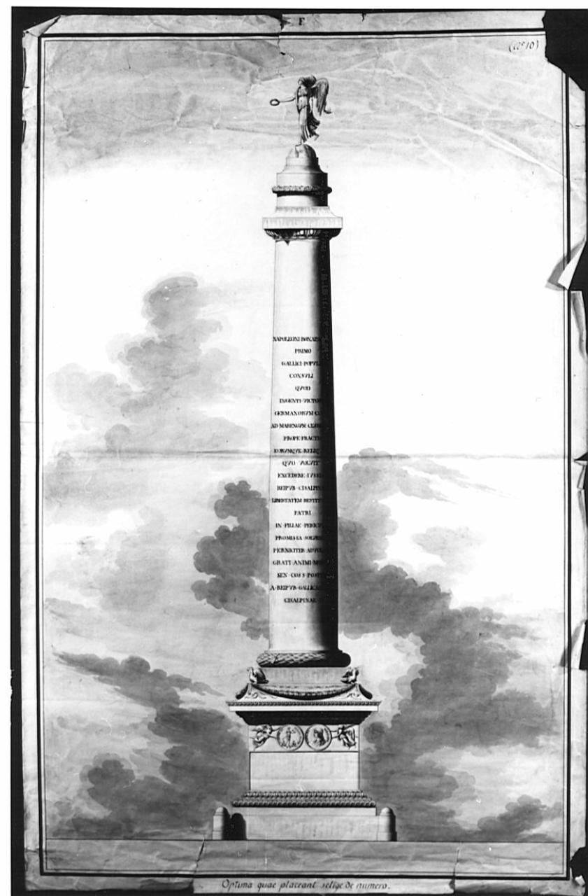 Progetto di colonna trionfale, architettura: colonna trionfale (alzato) (disegno) - ambito italiano (sec. XIX)