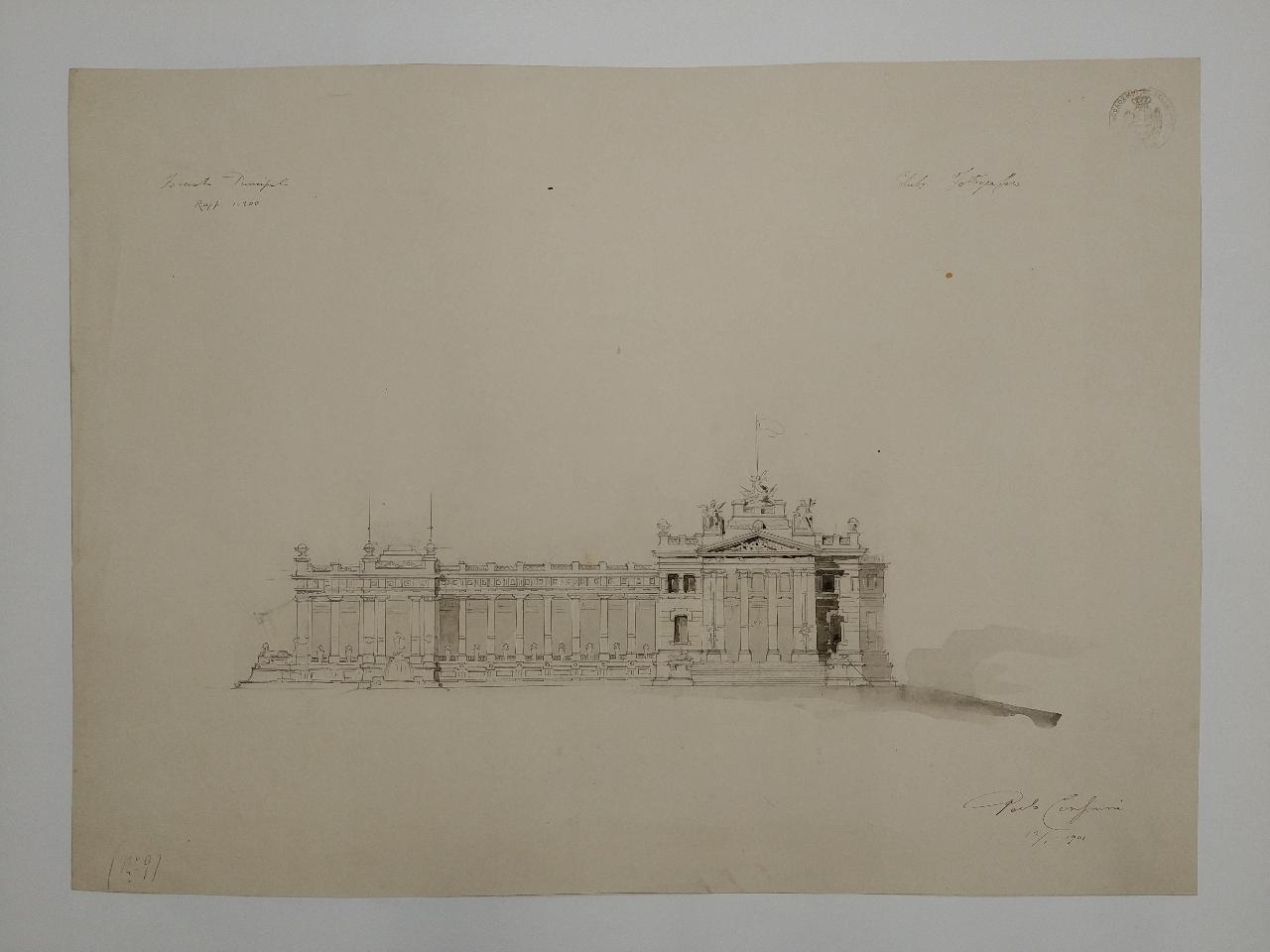 Edificio per sede di un club fotografico (stile greco o romano), architettura: club fotografico (prospetto) (disegno) di Consonni, Paolo (sec. XX)