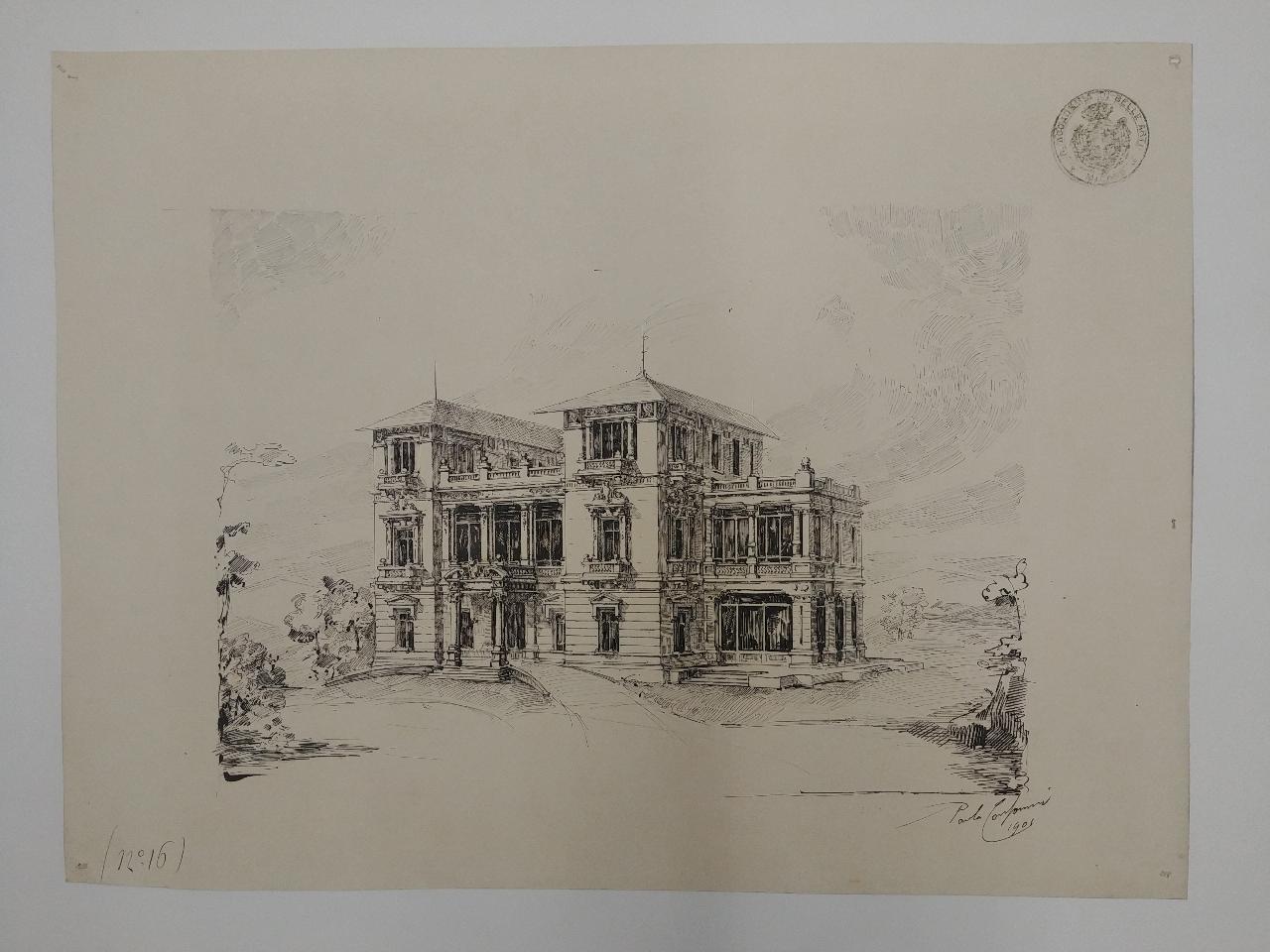 Casa di salute di proprietà di un Dottore specialista per le malattie chirurgiche (stile rinascimento), architettura: casa di salute (prospettiva) (disegno) di Consonni, Paolo (sec. XX)