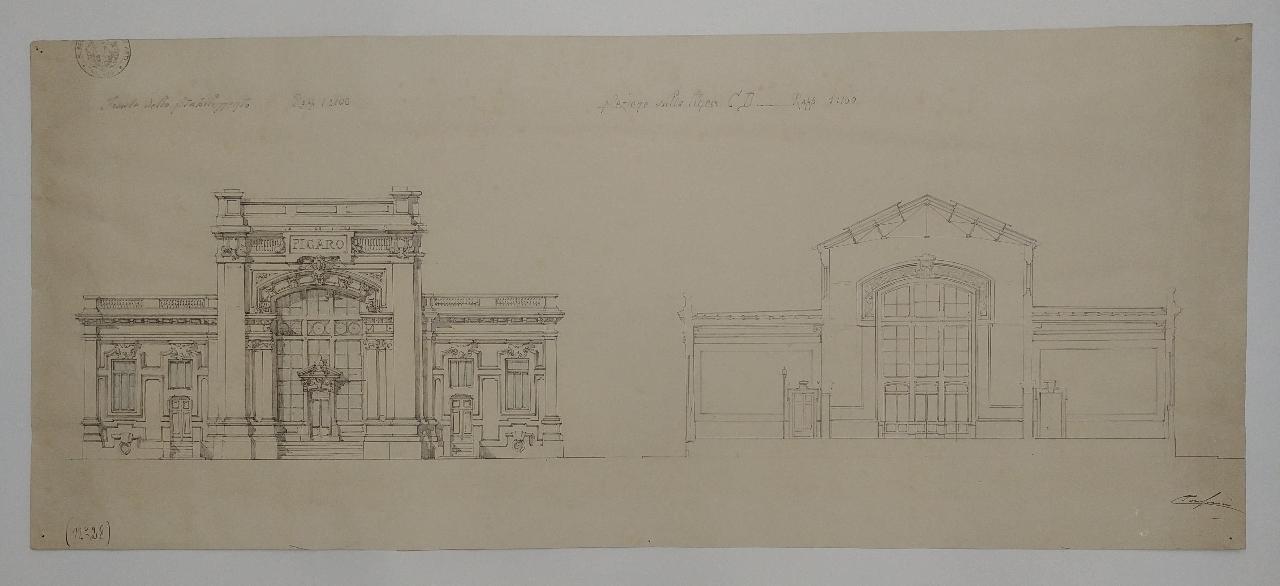 Palazzo per un grande giornale politico quotidiano (stile a scelta. Prova di sviluppo: prospetto frontale, sezione), palazzo per un giornale (disegno) di Consonni, Paolo (sec. XX)